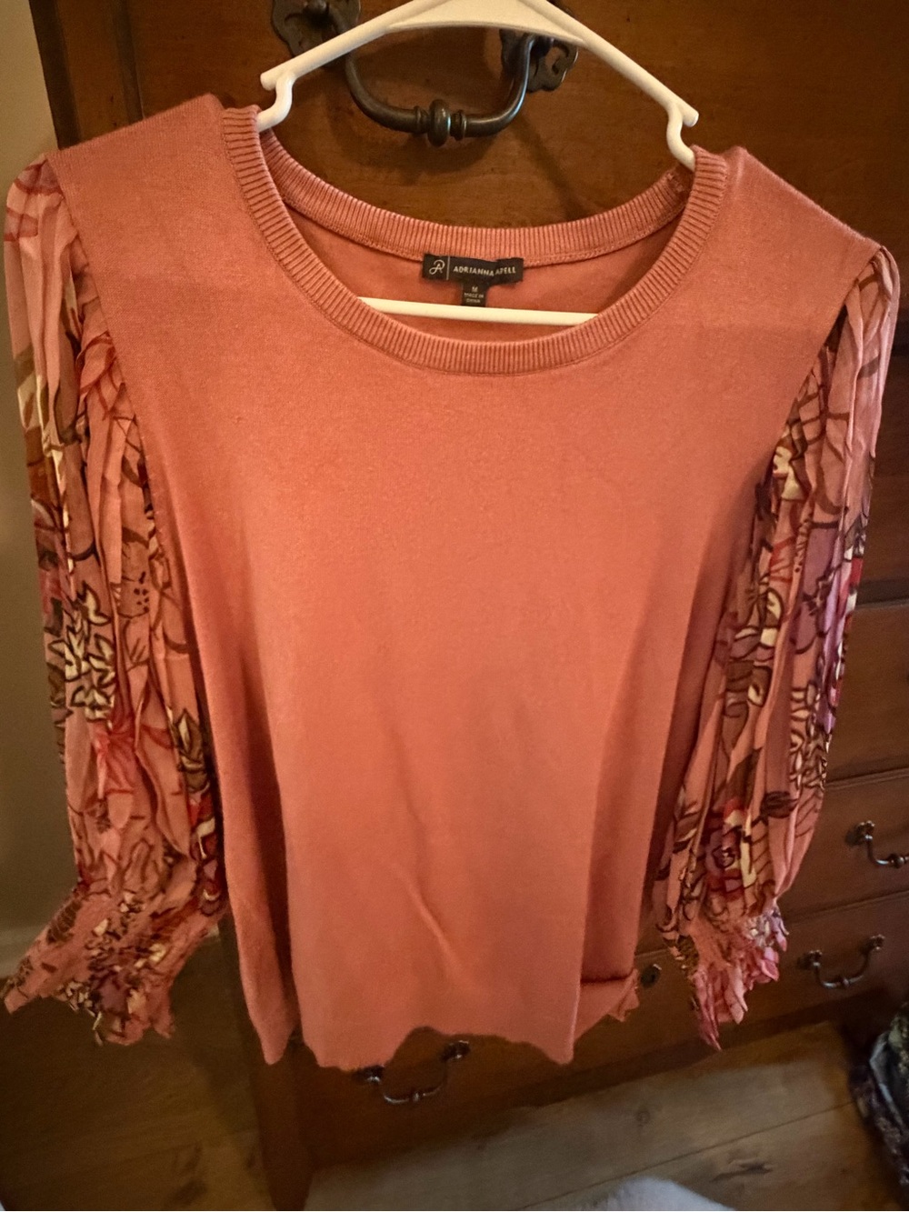 Adrianna Papell Rose Pink Knit Top with Patterned Blouson Sleeves
